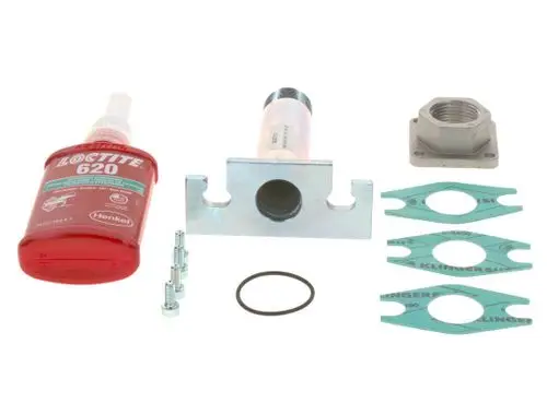 Loctite 620 Kleber, mehrere Dichtungen und ein Montageelement von Bosch, sowie Schrauben und O-Ring, auf einem weißen Hintergrund angeordnet.
